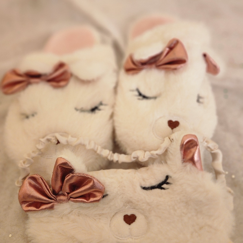 Faux Fur Bunny Slippers and Sleep Mask